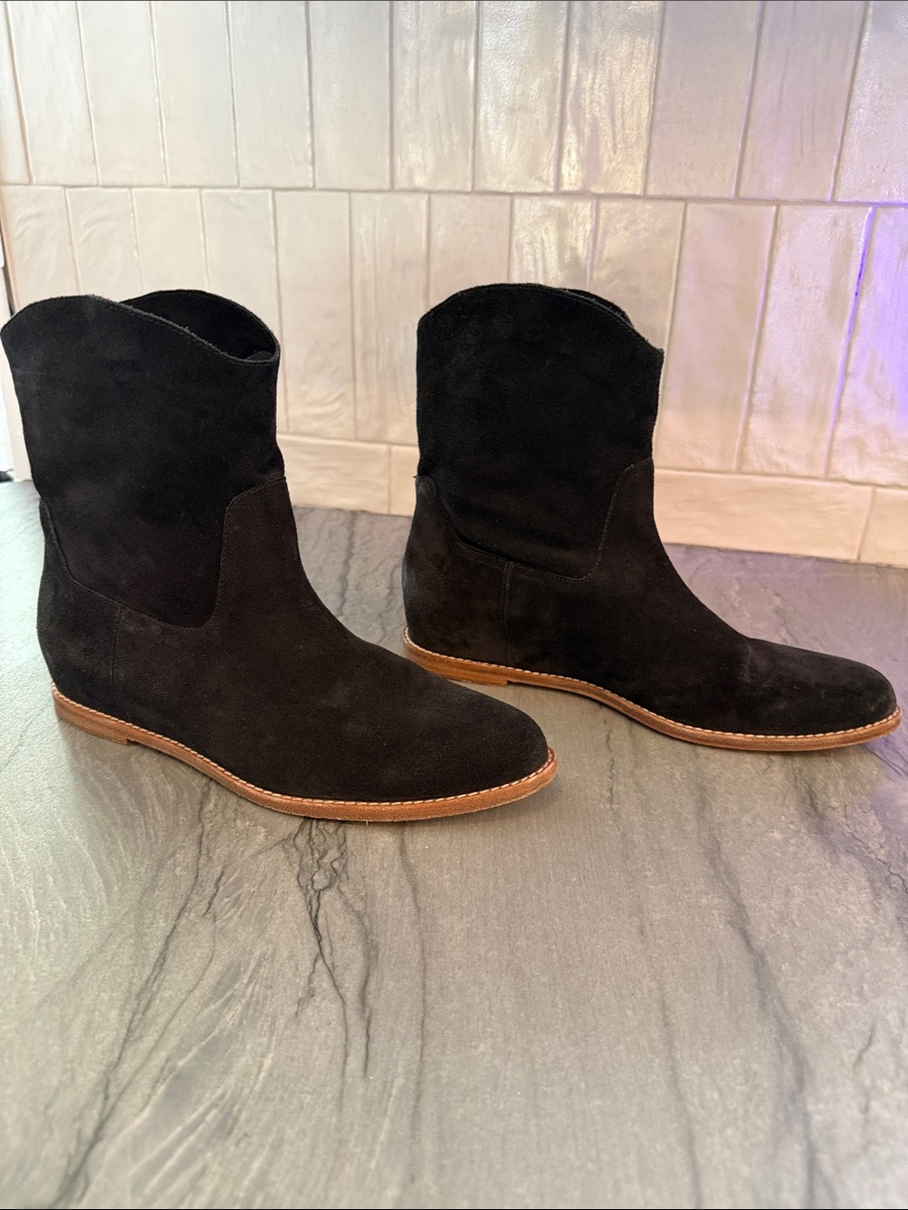 Vince Black Suede Ankle Booties with hidden inner heel